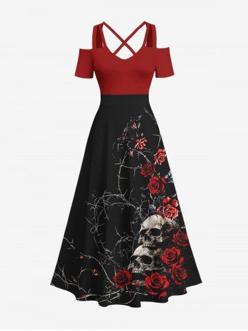 Plus Size Halloween Costume Rose Flower Skulls Print Cold Shoulder Crisscross Maxi Dress - BLACK - M