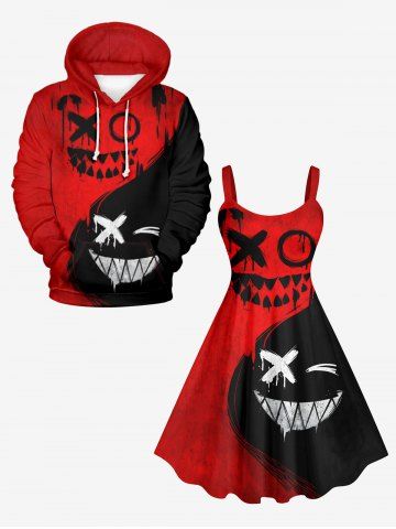 Halloween Costume Colorblock Ghost Face Graffiti Print Plus Size Matching Outfit For Couples - RED