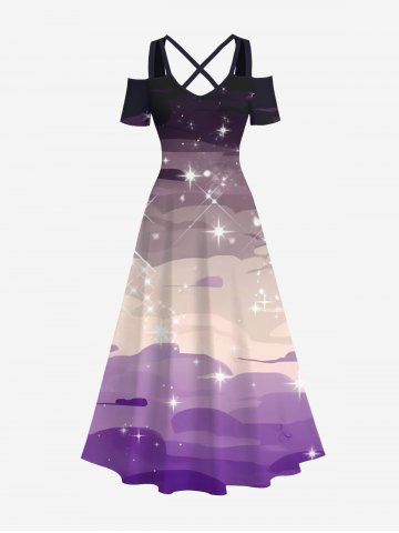 Plus Size Glitter Sparkling Star Ombre Cloud Print Hawaii Crisscross A Line Maxi Dress - PURPLE - L