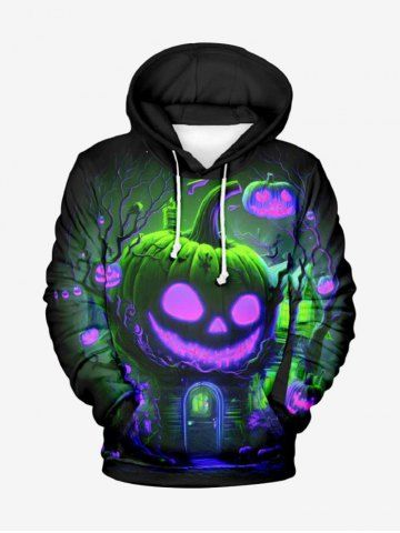 Plus Size Halloween Pumpkin Tree Glitter 3D Print Pocket Drawstring Hoodie For Men