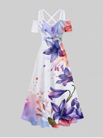 Plus Size Watercolor Lily Flower Painting Splatter Print Hawaii Ombre Crisscross A Line Maxi Dress - MULTI-A - L