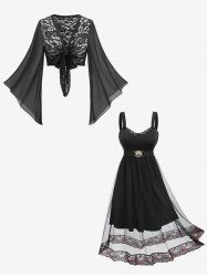 Rose Flower Lace Knotted Bolero Top and Mesh Overlay Shell Buckle Dress Plus Size Outfit -  
