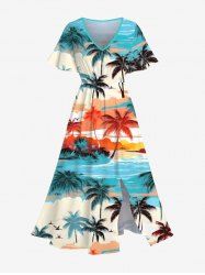 Plus Size Colorful Coconut Tree Sea Beach Sky Bird Print Hawaii Split Pocket A Line Midi Dress -  