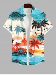 Plus Size Colorful Coconut Tree Sea Beach Sky Bird Print Hawaii Button Pocket Shirt For Men -  