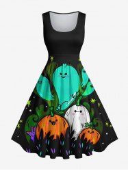 Plus Size Cute Pumpkin Ghost Grass Stars Print Halloween Costume Vintage Swing A Line Dress -  