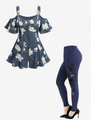 Zip Up Jacquard Embroidery Flower Rivet Cold Shoulder T-shirt and Flocking Mesh Star Buckle Leggings Plus Size Summer 