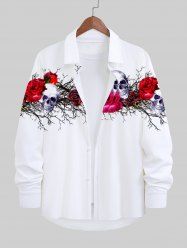 Plus Size Halloween Rose Flowers Skulls Print Buttons Long Sleeve Shirt For Men -  