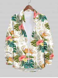 Plus Size Tropical Leaf Hibiscus Flower Pineapple Print Buttons Long Sleeve Hawaii Shirt For Men -  