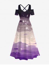 Plus Size Glitter Sparkling Star Ombre Cloud Print Hawaii Crisscross A Line Maxi Dress -  