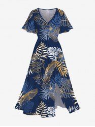 Plus Size Tropical Leaf Hibiscus Flower Metallic Print Split Hawaii Midi Dress -  