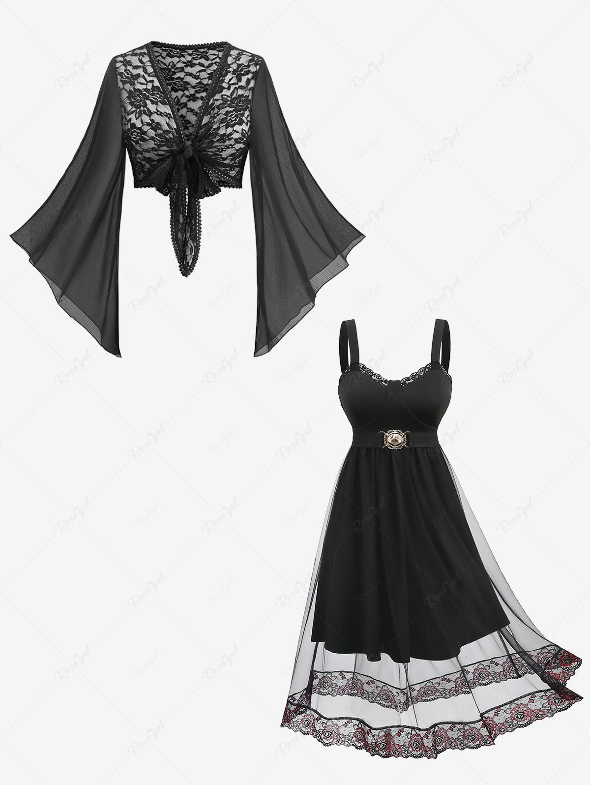 Latest Rose Flower Lace Knotted Bolero Top and Mesh Overlay Shell Buckle Dress Plus Size Outfit  