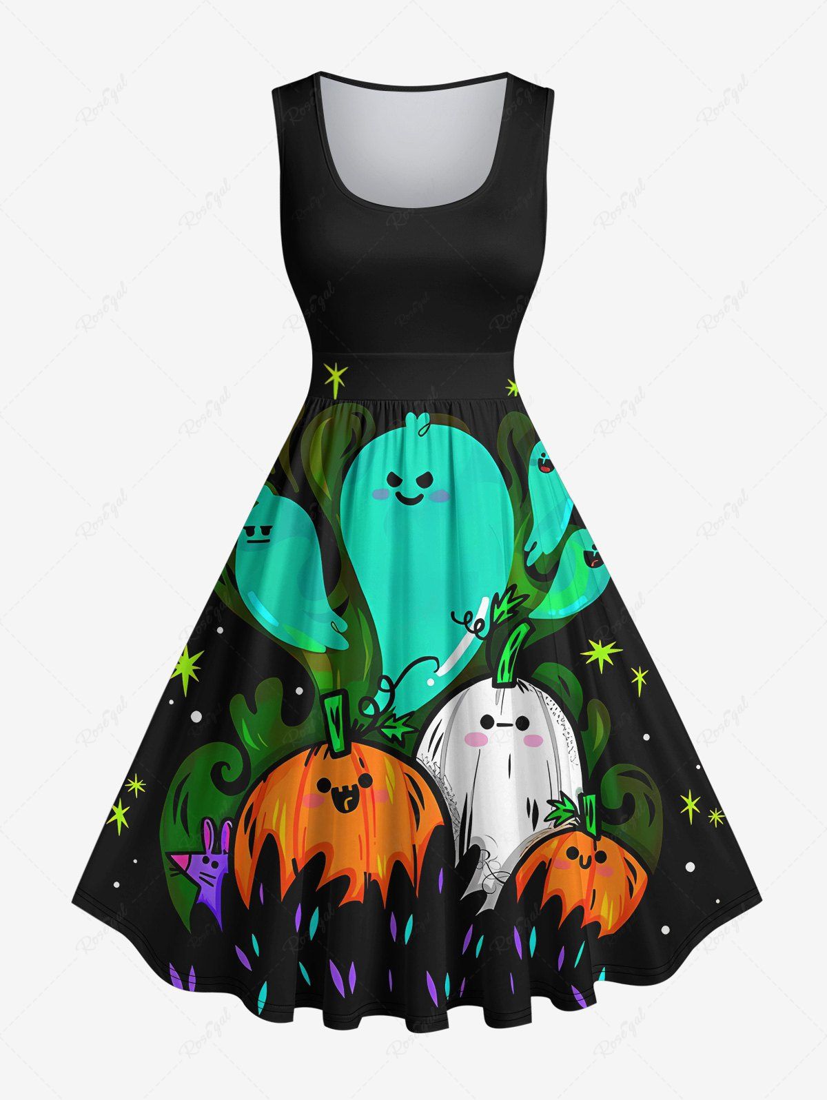 Affordable Plus Size Cute Pumpkin Ghost Grass Stars Print Halloween Costume Vintage Swing A Line Dress  