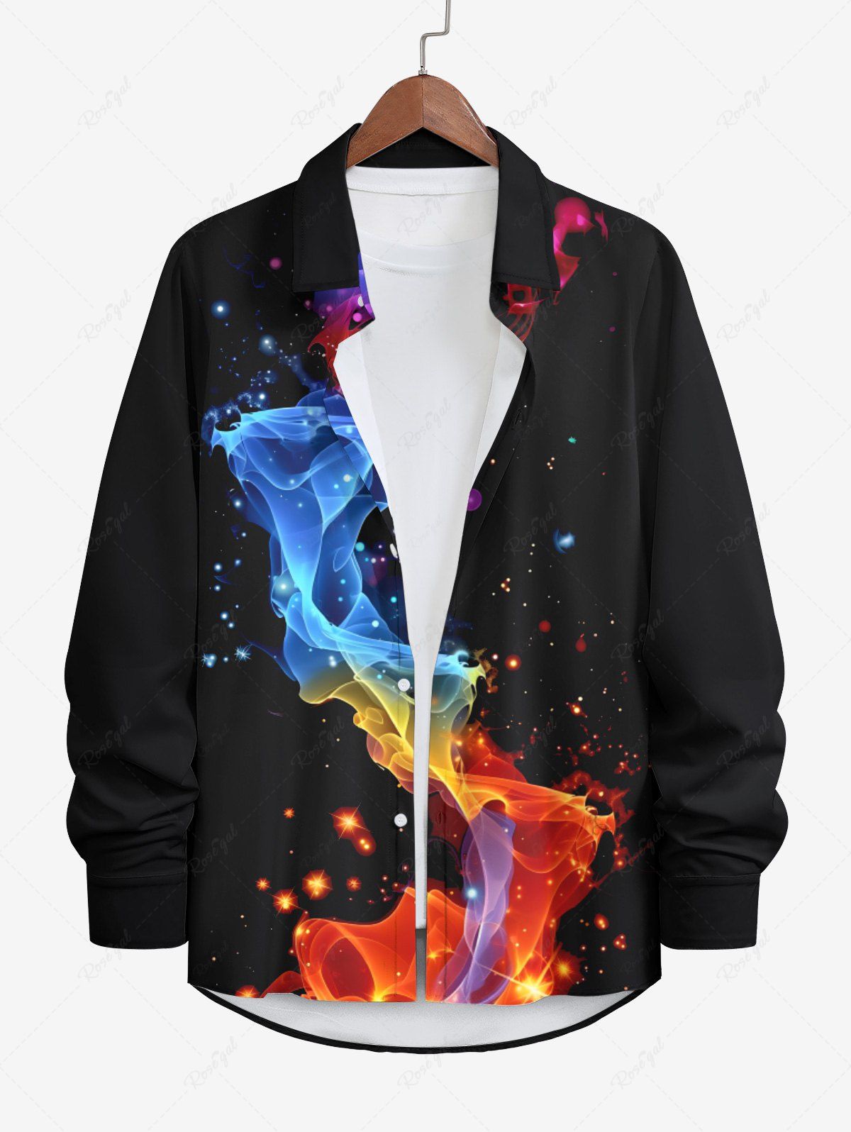 New Plus Size Glitter Sparkling Colorful Smoke Ribbon Light Beam Print Hawaii Button Shirt For Men  
