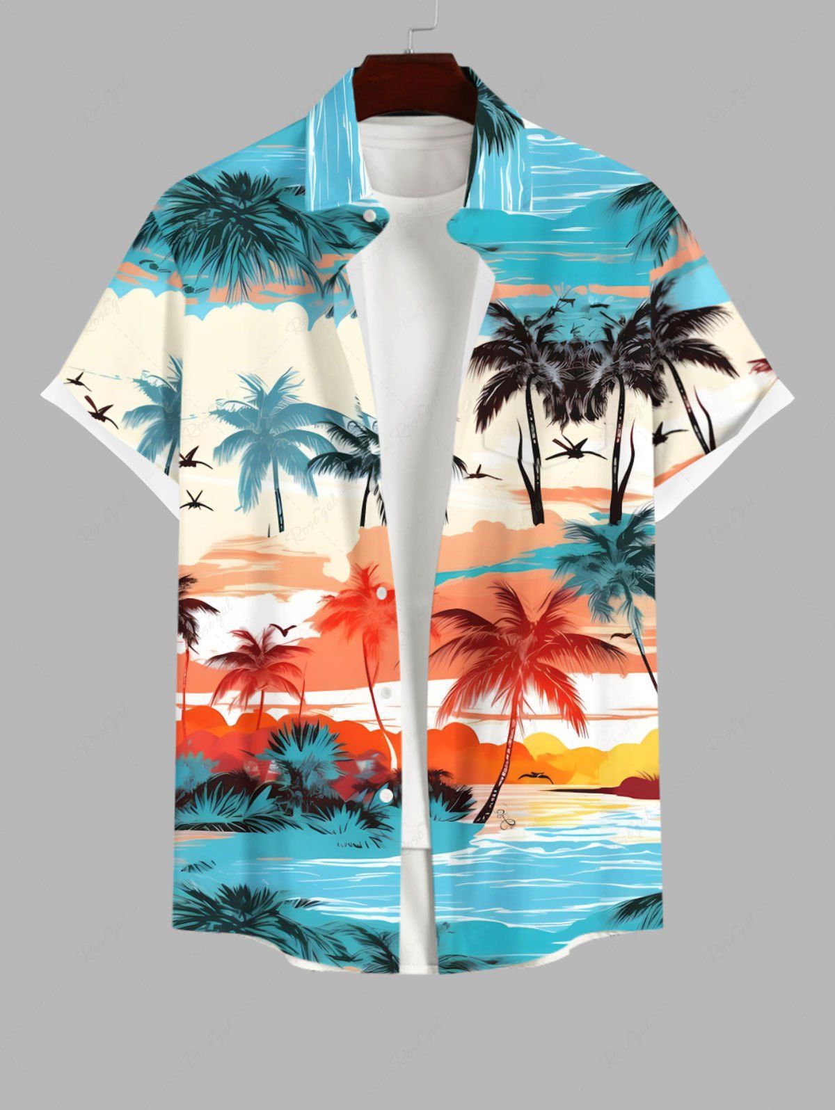 New Plus Size Colorful Coconut Tree Sea Beach Sky Bird Print Hawaii Button Pocket Shirt For Men  