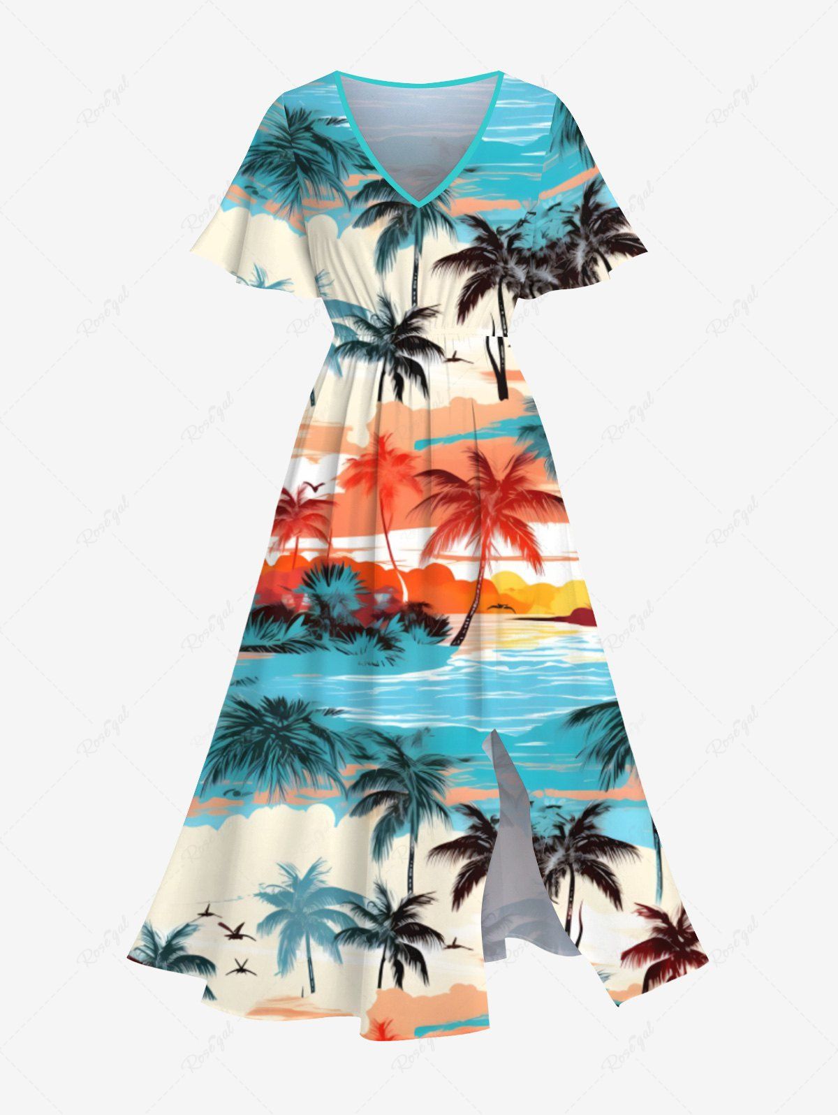 Outfit Plus Size Colorful Coconut Tree Sea Beach Sky Bird Print Hawaii Split Pocket A Line Midi Dress  