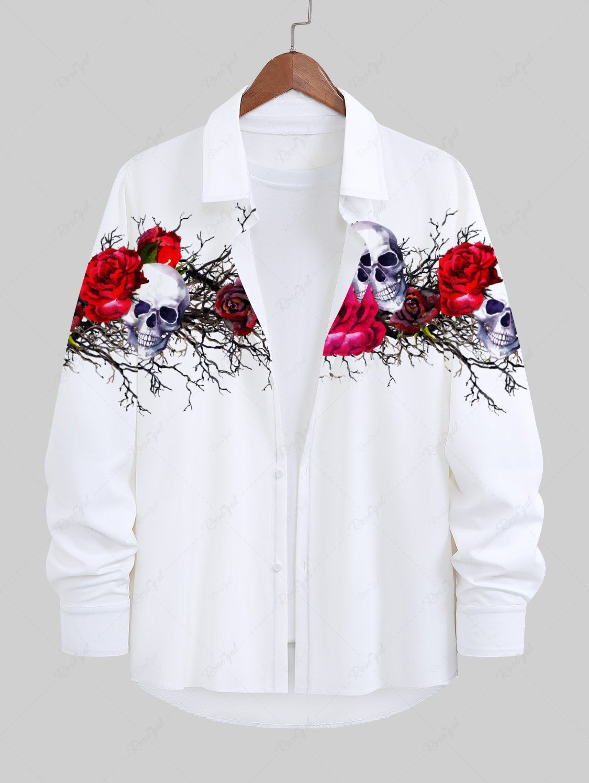 Outfits Plus Size Halloween Rose Flowers Skulls Print Buttons Long Sleeve Shirt For Men  