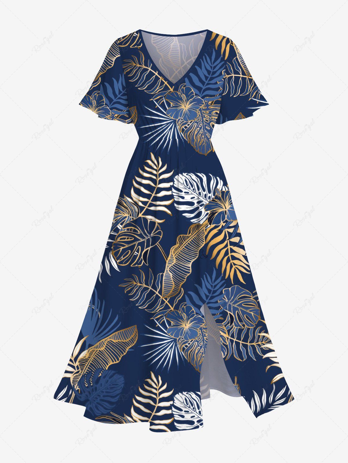 Trendy Plus Size Tropical Leaf Hibiscus Flower Metallic Print Split Hawaii Midi Dress  