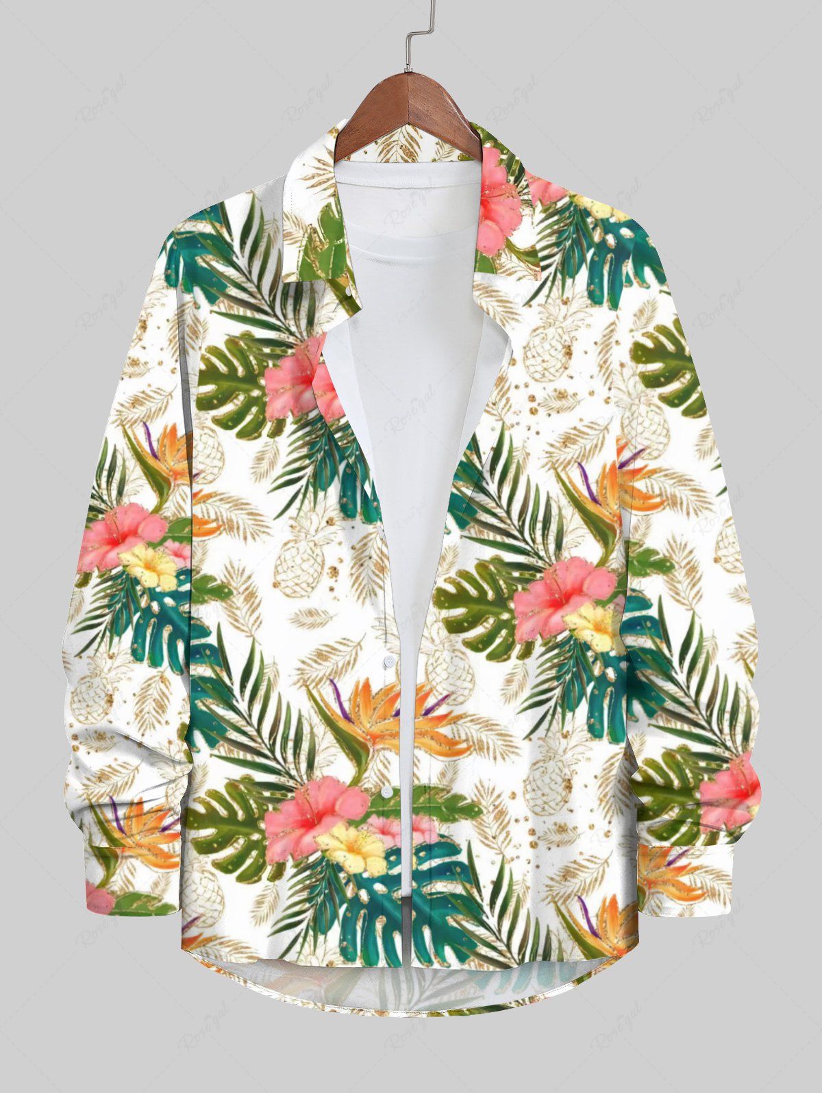 Online Plus Size Tropical Leaf Hibiscus Flower Pineapple Print Buttons Long Sleeve Hawaii Shirt For Men  