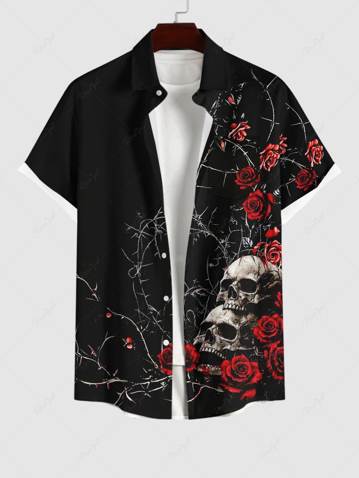 Chemise D'Halloween Rose Crâne Imprimés avec Poche de Grande Taille avec Boutons Noir 4XL