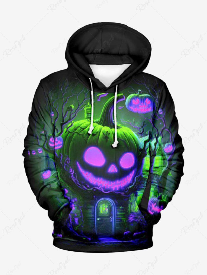 Affordable Plus Size Halloween Pumpkin Tree Glitter 3D Print Pocket Drawstring Hoodie For Men  