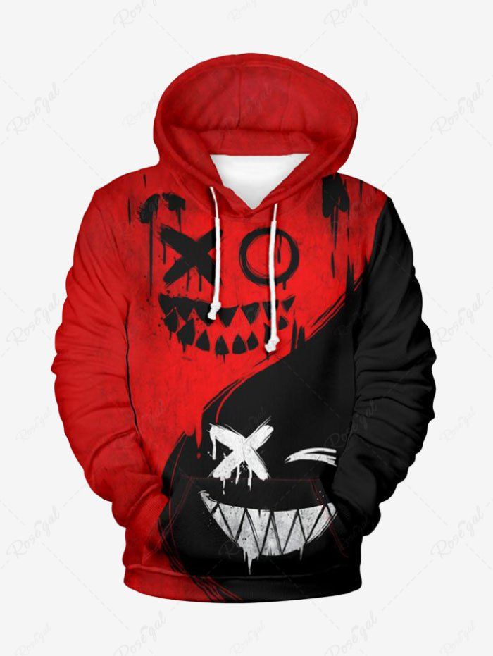 Shops Plus Size Halloween Colorblock Ghost Face Graffiti Print Pocket Drawstring Hoodie For Men  