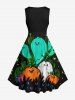 Plus Size Cute Pumpkin Ghost Grass Stars Print Halloween Costume Vintage Swing A Line Dress -  