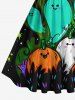 Plus Size Cute Pumpkin Ghost Grass Stars Print Halloween Costume Vintage Swing A Line Dress -  