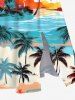 Plus Size Colorful Coconut Tree Sea Beach Sky Bird Print Hawaii Split Pocket A Line Midi Dress -  