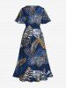 Plus Size Tropical Leaf Hibiscus Flower Metallic Print Split Hawaii Midi Dress -  