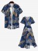 Plus Size Tropical Leaf Hibiscus Flower Metallic Print Split Hawaii Midi Dress -  