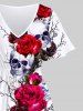 Plus Size Halloween Costume Rose Flowers Skulls Print Split Midi Dress -  