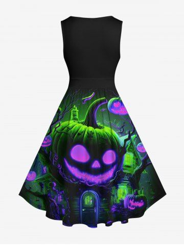 Plus Size Halloween Costume Pumpkin Tree Neon Glitter 3D Print 1950s Vintage Dress