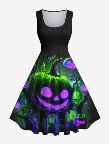 Plus Size Halloween Costume Pumpkin Tree Neon Glitter 3D Print 1950s Vintage Dress - BLACK - 3X