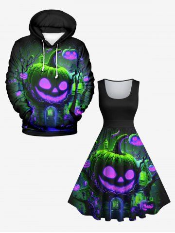 Plus Size Halloween Costume Pumpkin Tree Neon Glitter 3D Print 1950s Vintage Dress