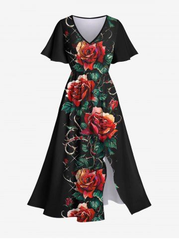 Plus Size Halloween Costume Rose Flower Leaf Print Split Midi Dress - BLACK - 5X