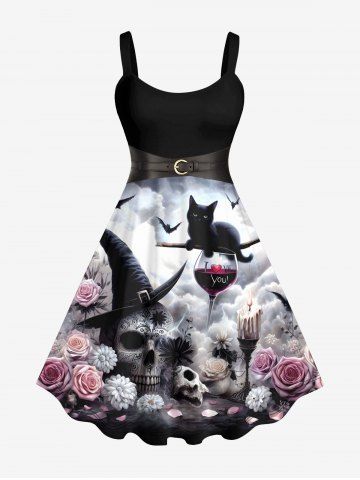 Plus Size Halloween Costume Hat Skull Cat Rose Flowers Red Wine Goblet Belt 3D Print Tank Dress