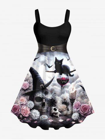 Plus Size Halloween Costume Hat Skull Cat Rose Flowers Red Wine Goblet Belt 3D Print Tank Dress - BLACK - 6X