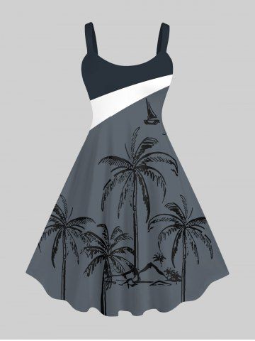 Plus Size Colorblock Coconut Tree Print Hawaii Tank Dress - BLACK - M