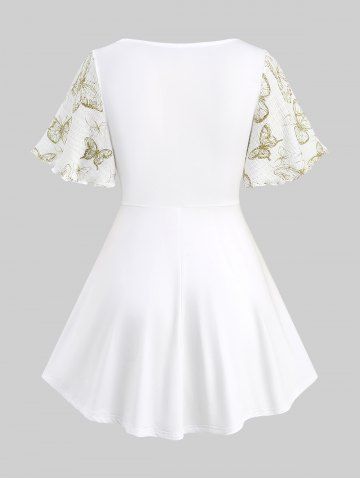 Butterfly Print Twist Leaf Buckle Panel Top and Hollow Out Crisscross Side Solid Skinny Leggings Plus Size Summer Outfit