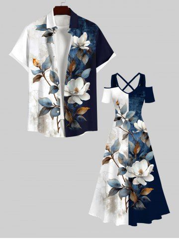 Distressed Colorblock Flowers Leaf Print Plus Size Matching Hawaii Beach Outfit For Couples - MULTI-A