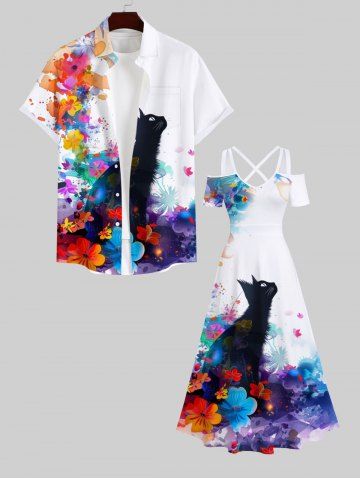 Watercolor Floral Ink Painting Cat Print Plus Size Matching Hawaii Beach Outfit For Couples - WHITE