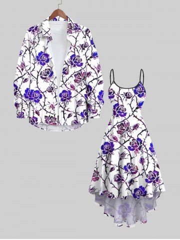 Halloween Costume Ombre Rose Flower Vine Print Plus Size Matching Set For Couples - WHITE