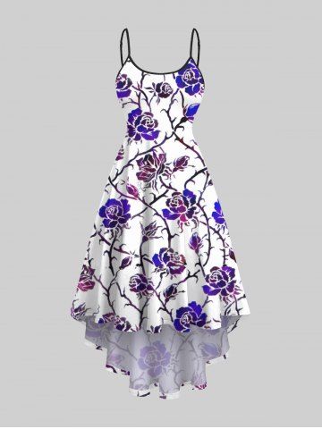 Plus Size Ombre Rose Flower Vine Print Halloween Costume High Low Asymmetric Cami Dress - WHITE - 1X