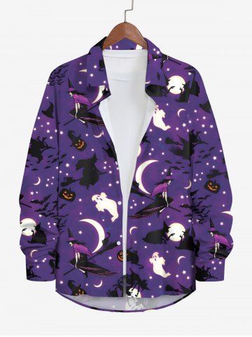 Plus Size Pumpkin Ghost Wizard Moon Star Ombre Galaxy Cat Bat Hat Print Halloween Button Shirt For Men - PURPLE - 3XL