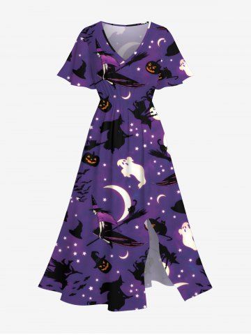 Plus Size Pumpkin Ghost Wizard Moon Star Ombre Galaxy Cat Bat Hat Print Halloween Costume Split Pocket A Line Midi Dress - PURPLE - S