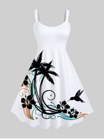 Plus Size Coconut Tree Hibiscus Flower Bird Print Hawaii Tank Dress