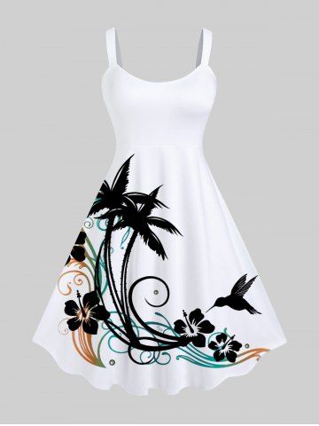 Plus Size Coconut Tree Hibiscus Flower Bird Print Hawaii Tank Dress - WHITE - M