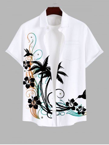 Plus Size Coconut Tree Hibiscus Flower Bird Print Buttons Pocket Hawaii Shirt For Men