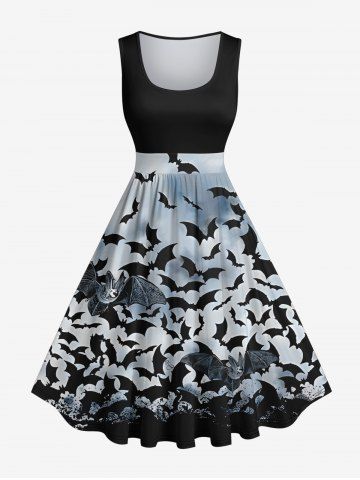Plus Size Bat Ombre Sky Print Halloween Costume Vintage Swing A Line Dress - BLACK - L