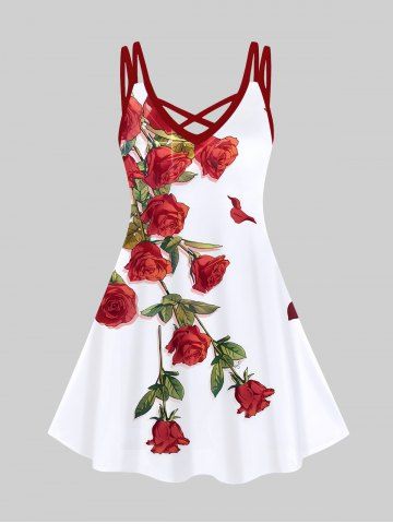 Plus Size Rose Flower Leaf Print Hawaii Crisscross A Line Cami Dress - WHITE - S